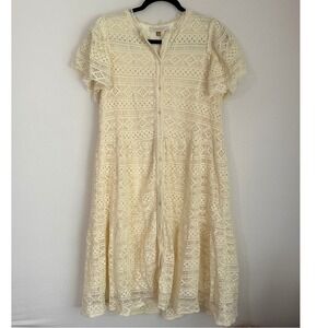 NWT Downeast L'Amour Cream Lace Midi Dress Button Front Cottagecore Bohemian L‎